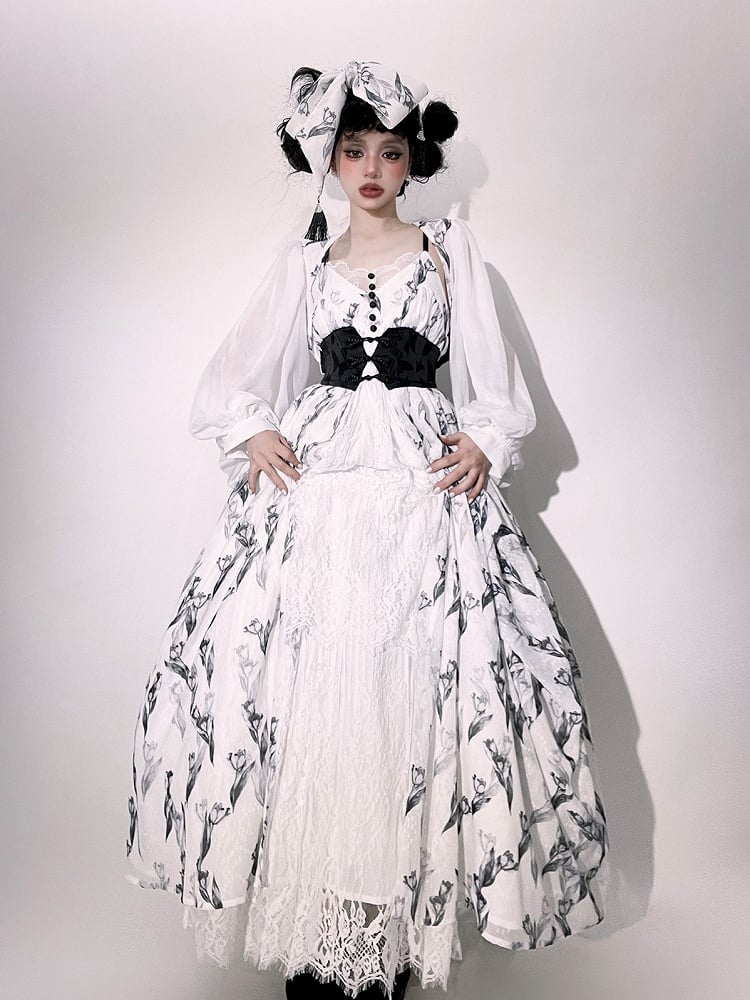 Tulip Dress+Cropped Set Top+Corset Lolita Black Elegant Classic Belt+Hairrband Full Pattern White