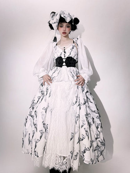 Tulip Dress+Cropped Set Top+Corset Lolita Black Elegant Classic Belt+Hairrband Full Pattern White