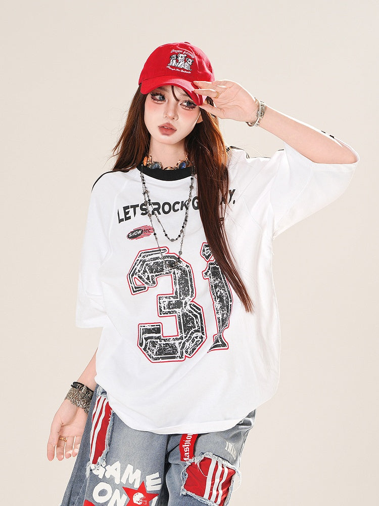 ホワイト ブロケット コアプリント ルーズTシャツ ナンバー