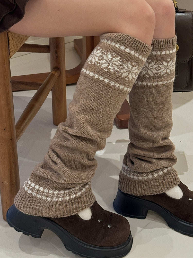 Beige Snowflake Knitted Leg Warmers