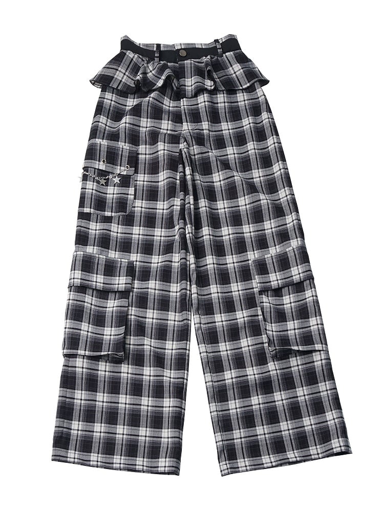 Black & White Plaid Ruffle Pants - PINK SAVIOR