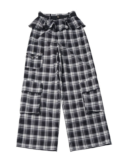 Black & White Plaid Ruffle Pants - PINK SAVIOR