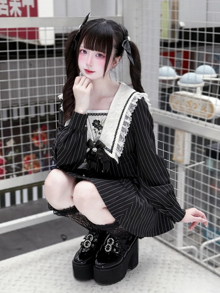Black Striped Sailor Collar Long-Sleeve Dress with Cherry Blossom Embroidery and Matching Shorts - Dream Core Waves