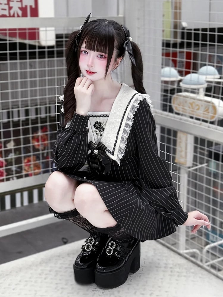 Black Striped Long Sleeve Sailor Dress with Cherry Blossom Detail and Shorts - Dream Core Waves