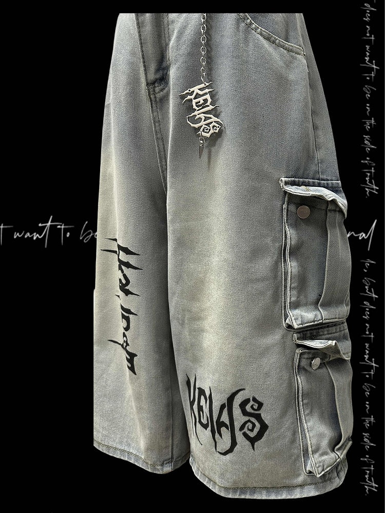 ジーンズフリーライトブルーパンクロックワイドレッグカーゴチャーム付き