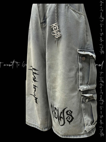 ジーンズフリーライトブルーパンクロックワイドレッグカーゴチャーム付き