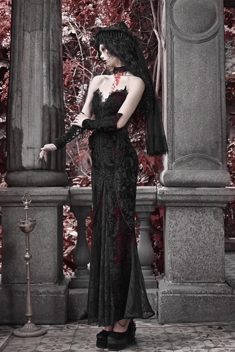Black and Red Sleeveless High-Waisted Ruffle Lace Gothic Fishtail Dress