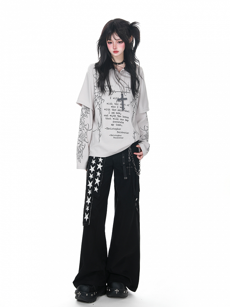 Graphic Long Sleeve Print Faux Two-Piece Gray/Black Punk with Top Gothic