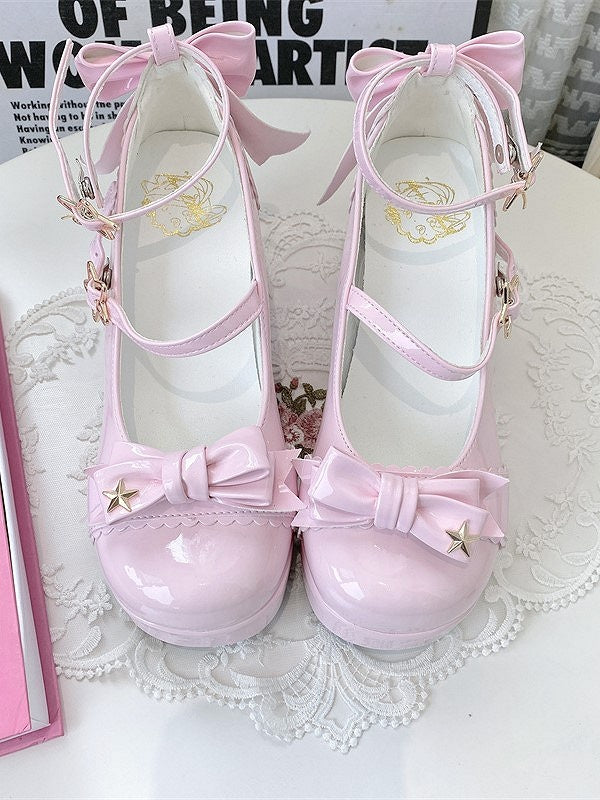 Top at Lolita Pink Heel Mary Star Bow PU - Janes Details 8cm Elegant