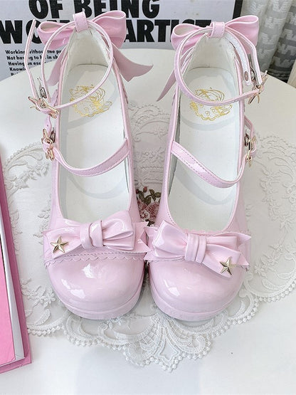 Top at Lolita Pink Heel Mary Star Bow PU - Janes Details 8cm Elegant