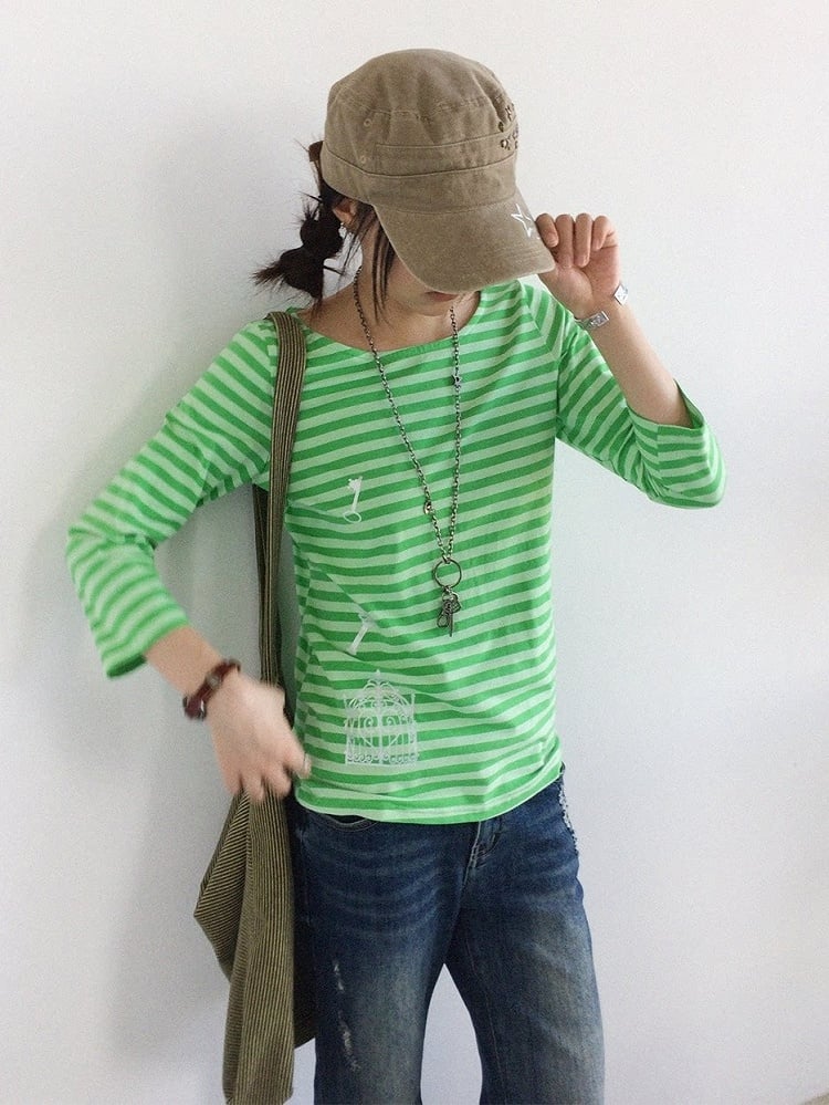 Green Striped Wide Round Neck Long Sleeve T-shirt with Key and Iron Gate Print - innomoood