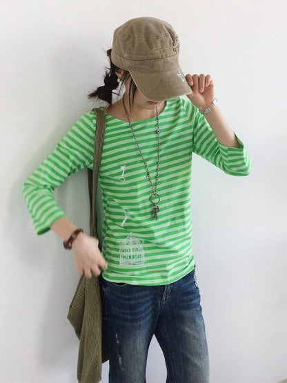 Green Striped Wide Round Neck Long Sleeve T-shirt with Key and Iron Gate Print - innomoood