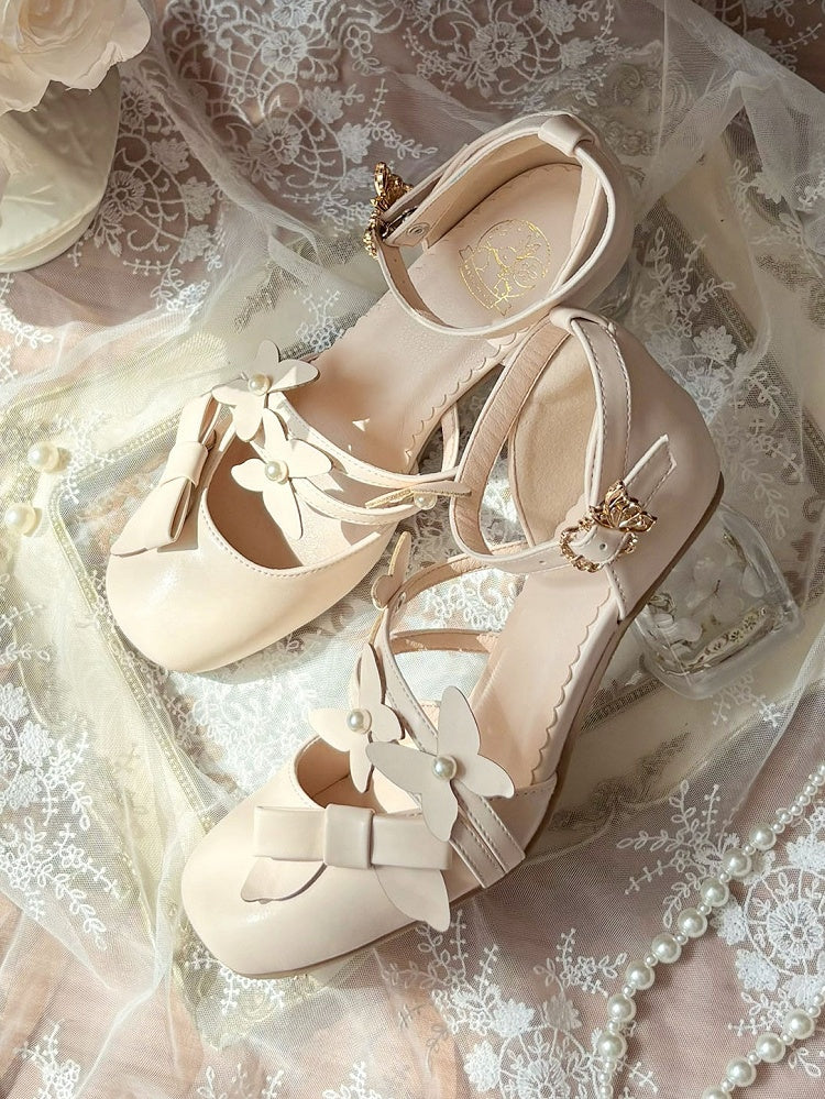 Decorative - Lolita Mid Heel Shoes Bow Classic in Apricot