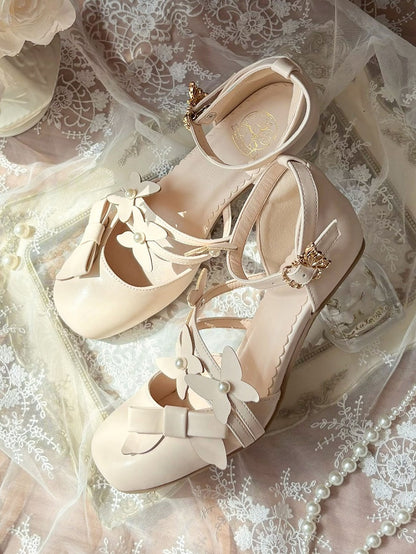 Decorative - Lolita Mid Heel Shoes Bow Classic in Apricot