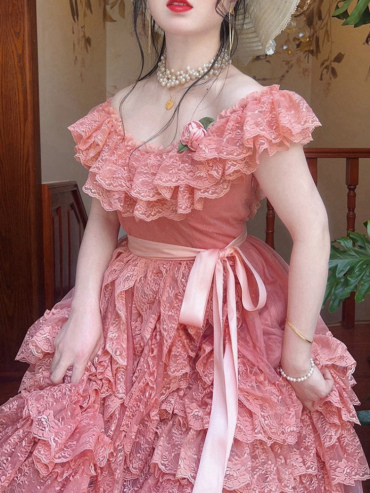 Wine Red/Pink Vintage Lace Ruffle Trim Off-the-shoulder Neckline  Dress