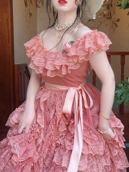 Wine Red/Pink Vintage Lace Ruffle Trim Off-the-shoulder Neckline  Dress