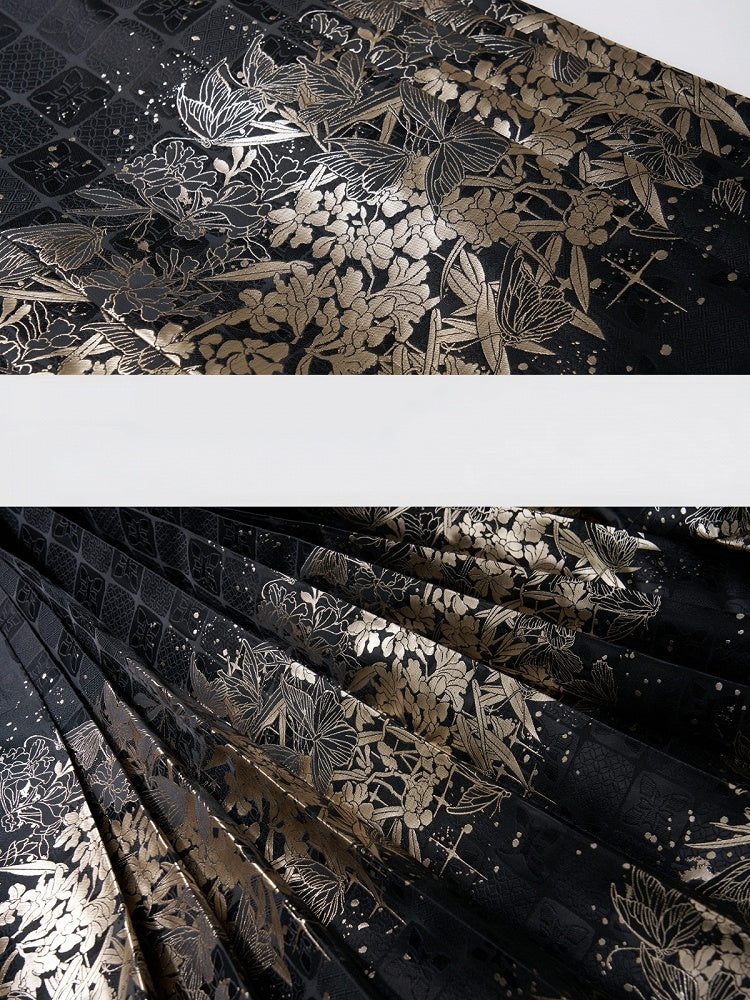 Black Mamian Skirt with Gold Floral Embellishment - San Sheng Du
