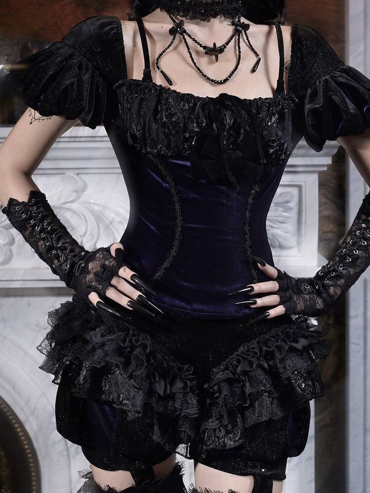 Straps Sleeves Adjustable Cross Top with Goth-Style and Shoulder Slim Puff Glittery Open Back Cut