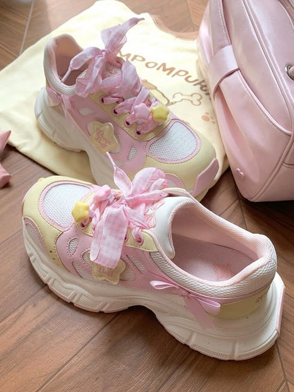 in Platform Pink Lolita Design Bow Plaid Lace-up Star Sweet Details Sneakers Yellow And
