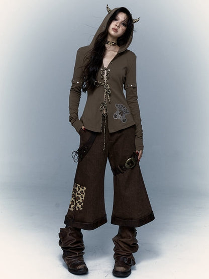 Punk Devil – Schokoladenbraunes Kapuzenoberteil mit abnehmbaren Ärmeln