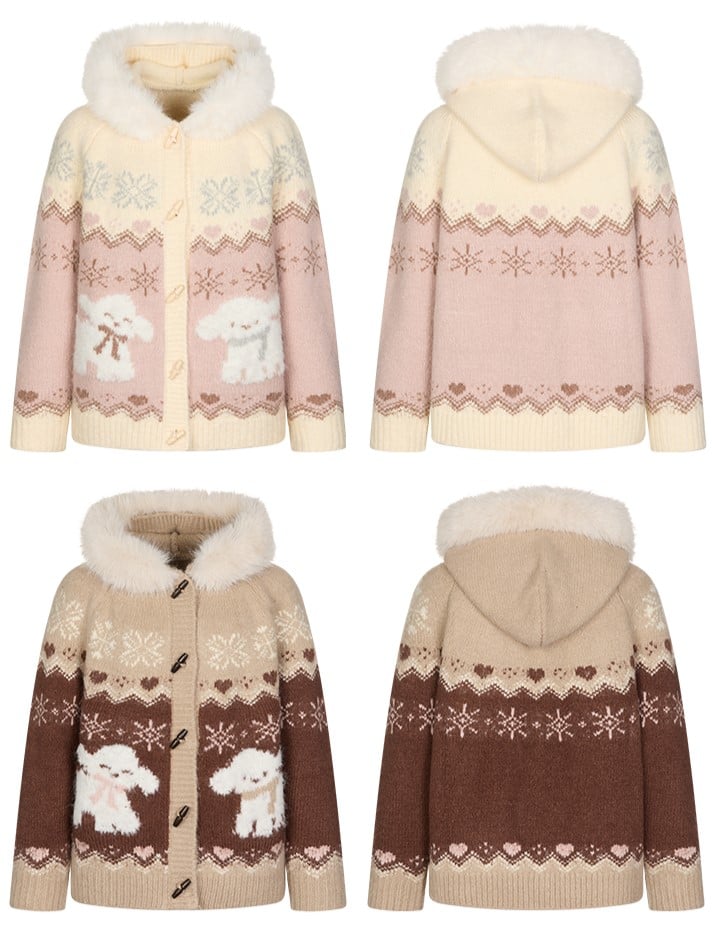 Collar Detachable Mohair Cozy Pink/Brown Fur Hooded Cardigan with Knit