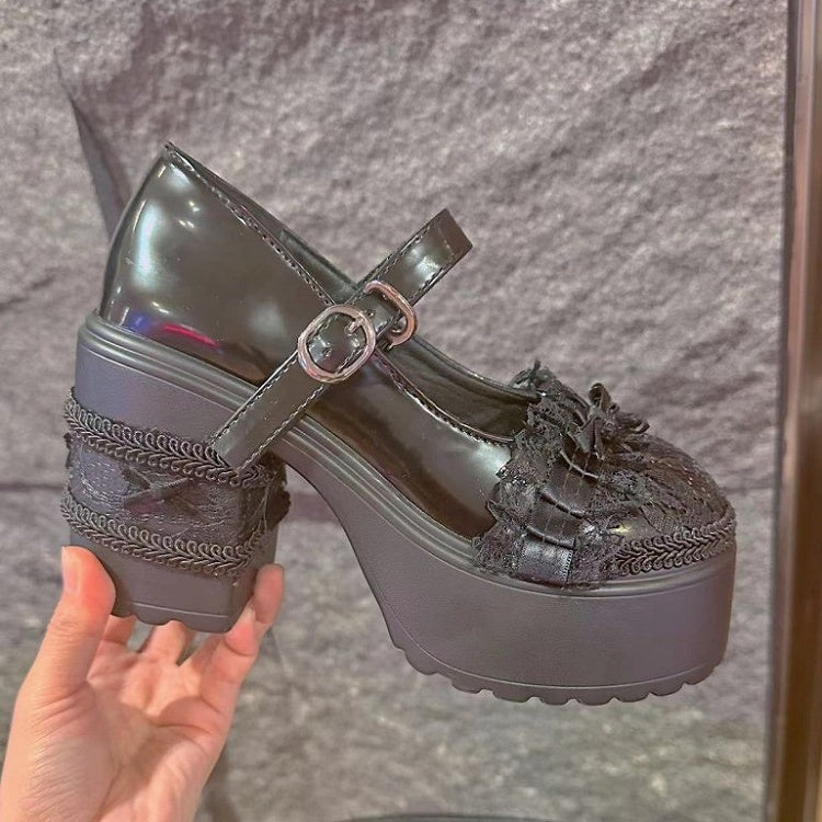Lace Lolita Heeled Decor Bow Mary Black Trim 9.5cm Elegant Janes with