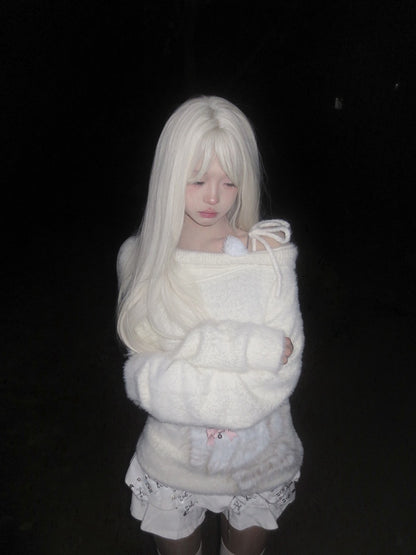 with Plush Pink Sweater Bow Off-Shoulder Beige Kawaii Puppy Details Bell