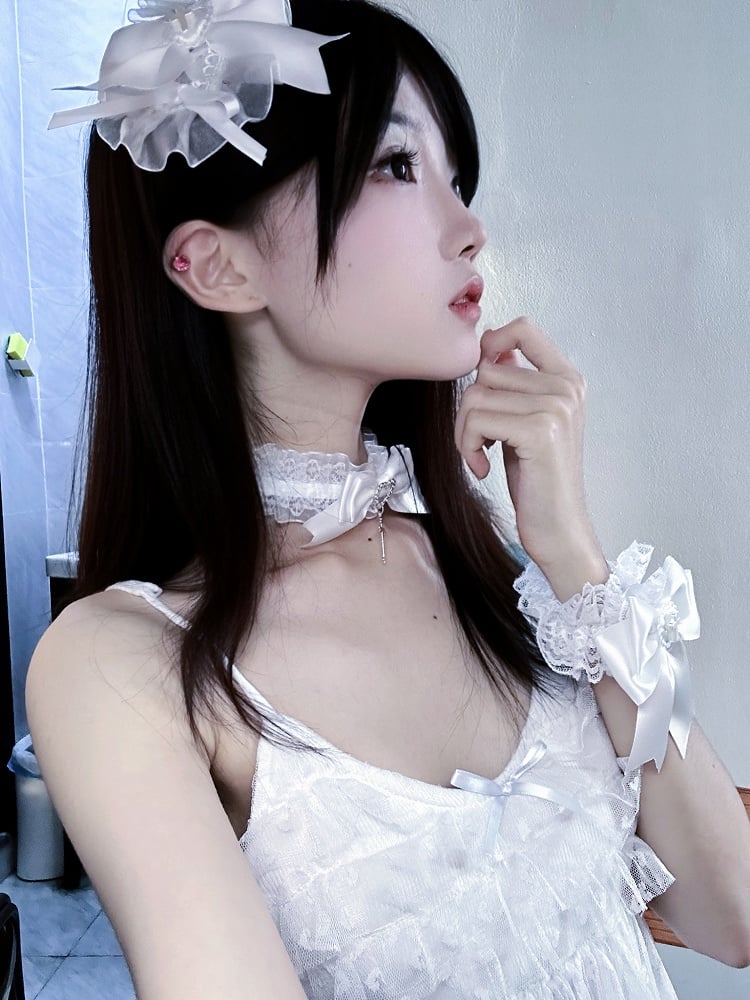 ピンク/ブルー/ホワイト ジライケイ クロス装飾レーストリム ちょう結びヘアバンド/ネックレス/リストカフ