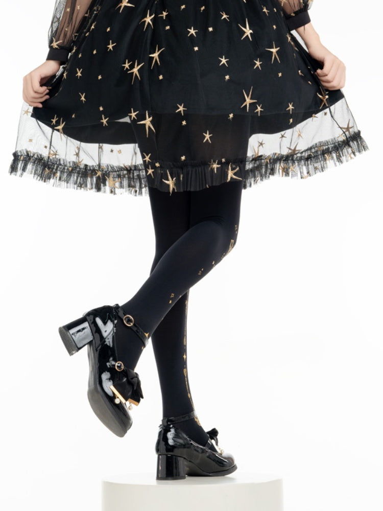 ゴシックロリータ ゴールドクロスプリント ブラックタイツ