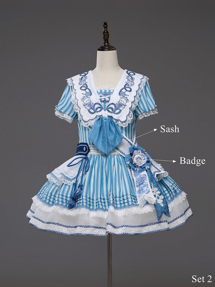 Light Blue Striped Low Waist Sailor Dress with Embroidery - Twin Bear Original Design