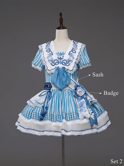 Light Blue Striped Low Waist Sailor Dress with Embroidery - Twin Bear Original Design