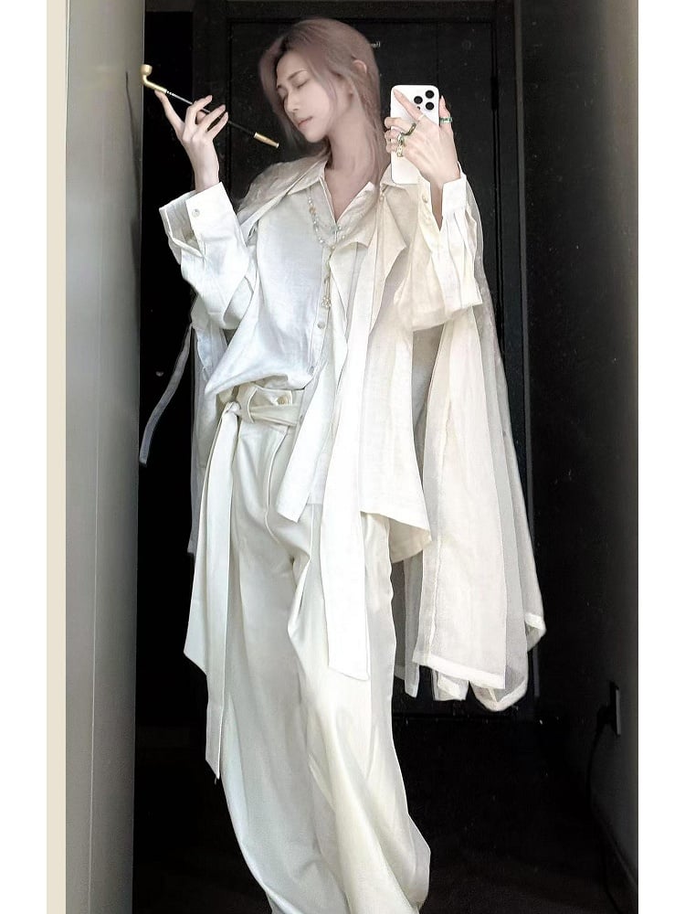 Shirt White Vintage Relaxed-Fit Unisex Tie-Neck