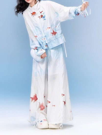 Goldfish Print Hooded Jacket and Wide Leg Pants Set - Zao Jing Ji