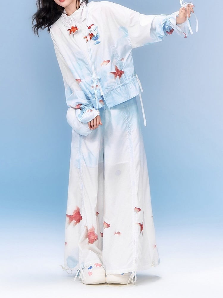 Blue White Wide-Leg Elastic Waist Pants with Goldfish - Zao Jing Ji