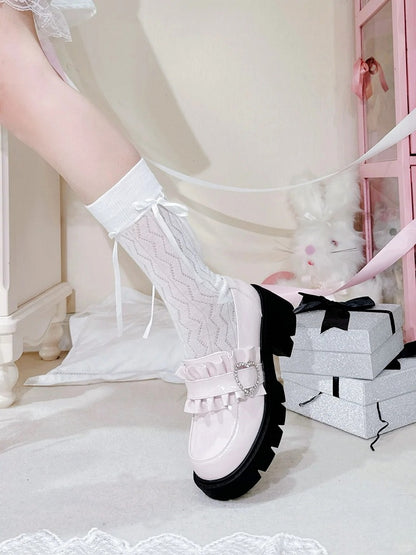 Shoes Jirai 6.5cm Pink Chunky Detail Kei with Loafers Beaded Heel Sweetheart Platform