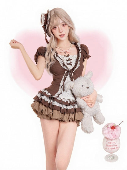 Coffee Puff-Sleeve Top with Lace and Ruffles - serendipity