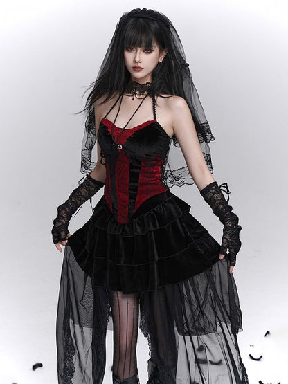 Halter Bustier Halloween Gothic Print Red with Top Black Spiderweb Neck