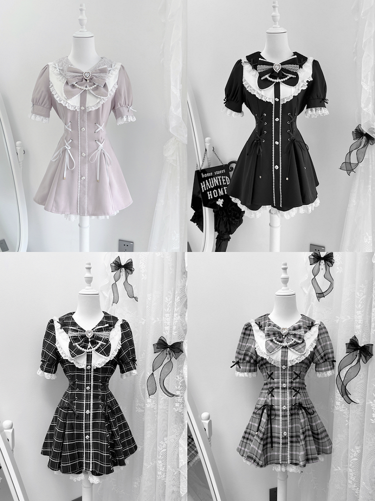 グレーケイチェックウエストラインストーンジライミニドレス+ショーツ装飾セットレースアップディテール