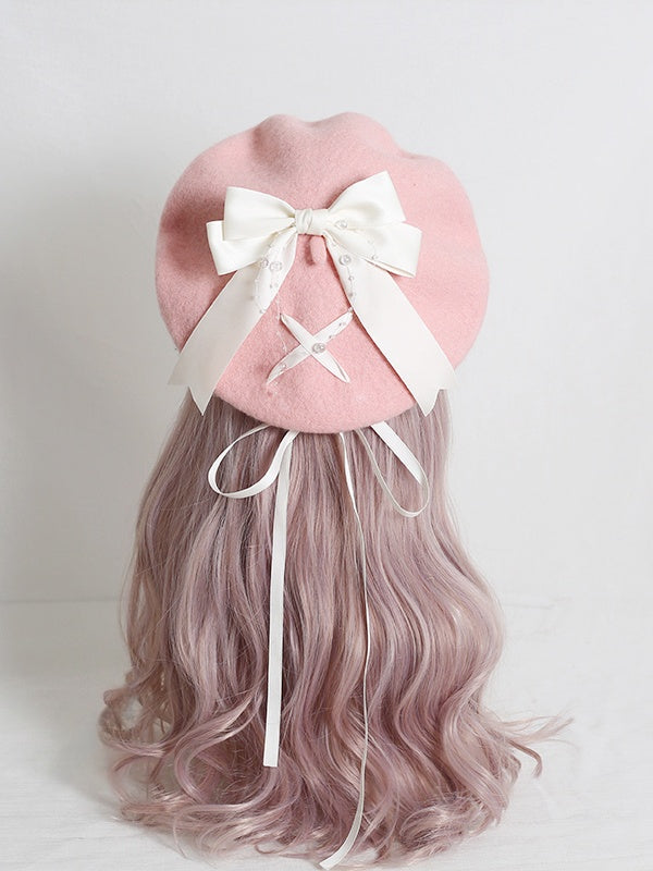 Lolita Beret Ribbon Pink 4-Color Sweet Bowknot Optional With