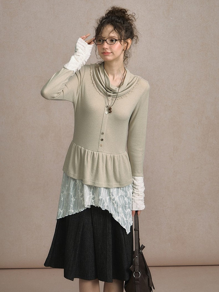with Apricot Ruffled Design Hem Top Patchwork Knit