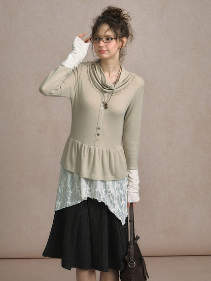 with Apricot Ruffled Design Hem Top Patchwork Knit