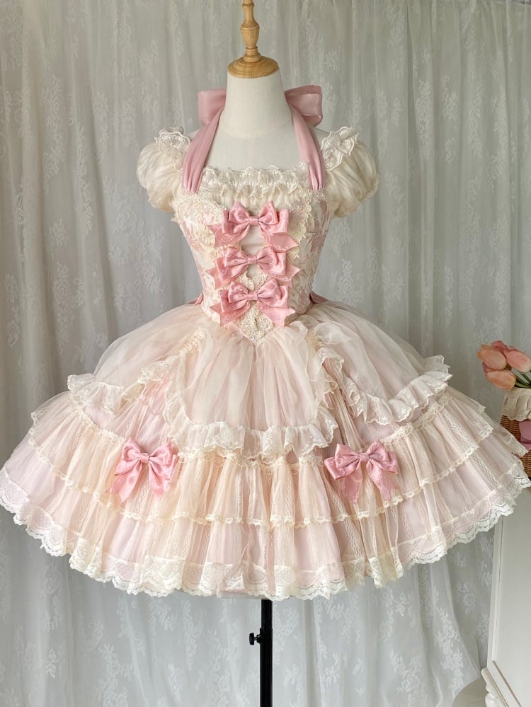 Robe Lolita rose à col licou et taille corset