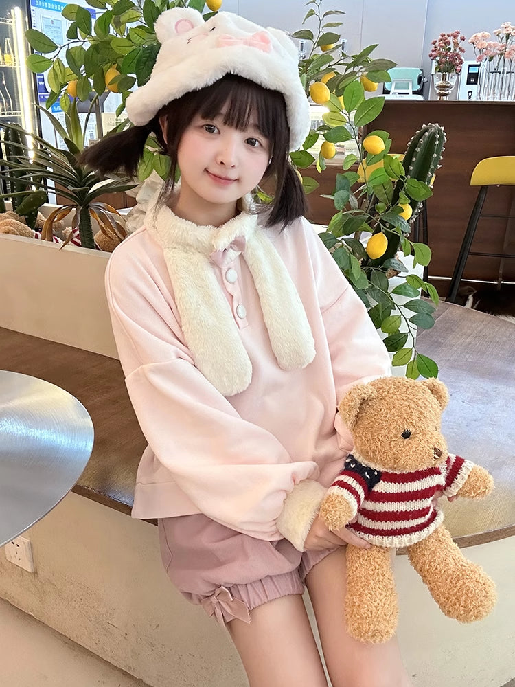 ピンクのかわいいウサギの耳のぬいぐるみ襟スウェットシャツ