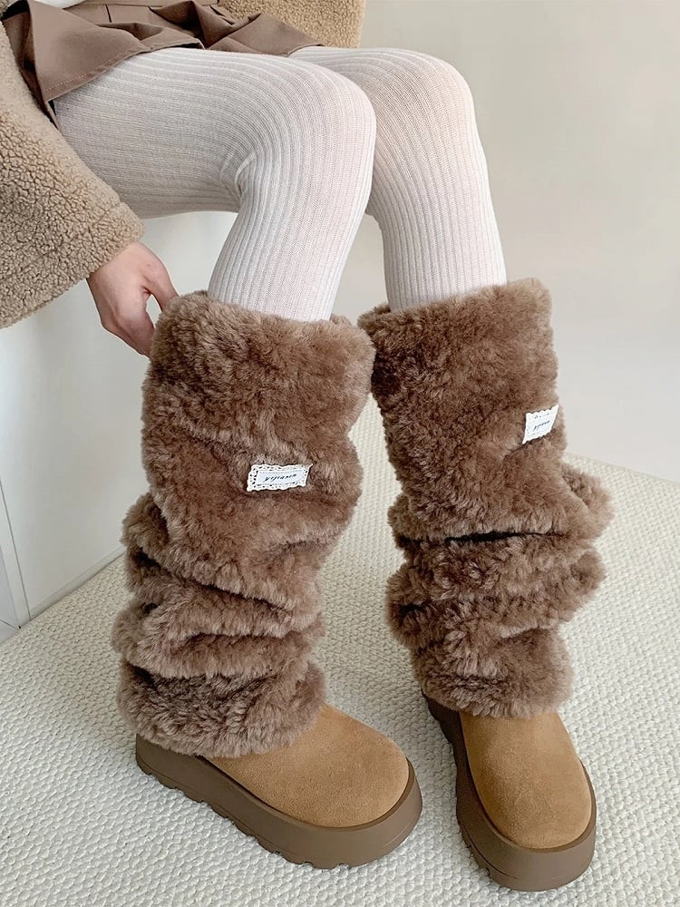 Beige/Brown Warmers Leg Long 50cm Slouchy Faux Fur