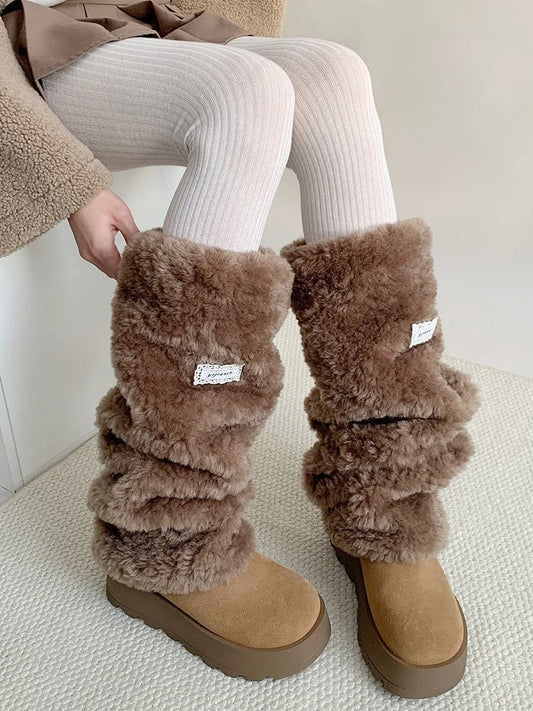 Beige/Brown Warmers Leg Long 50cm Slouchy Faux Fur