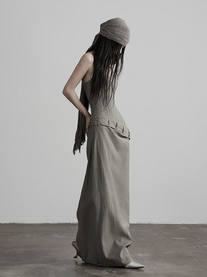 Gray Boned Strapless Long Dress with Belt - INDULGE