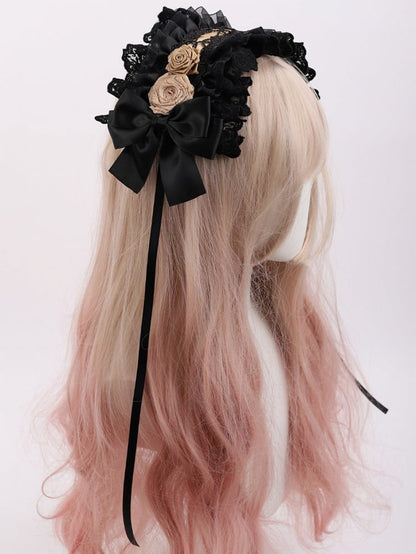 Black Hairband Bow Lolita Gold Lace Rose