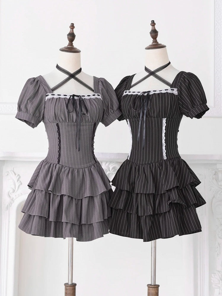 Black Striped Halter Square Neck Short Sleeve Dress - No Genki