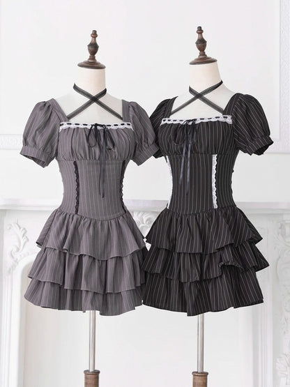 Black Striped Halter Square Neck Short Sleeve Dress - No Genki