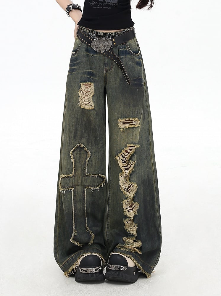 Distressed Vintage Wide-Leg Blue Jeans with Cross Patches - CRAZY GIRL